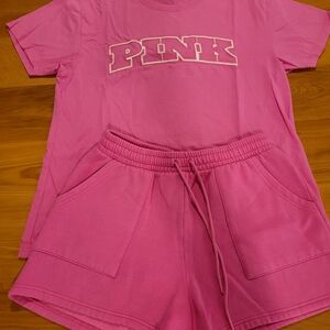 PINK Victoria's Secret Hot Pink Tee and Drawstring Shorts Set